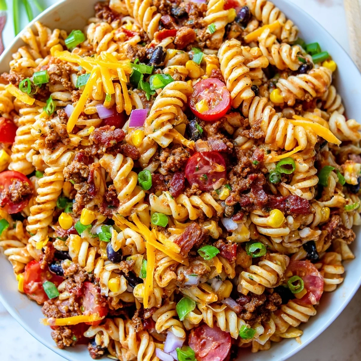 Creamy cowboy pasta salad loaded with smoky bacon, beef, and cheddar in a bowl