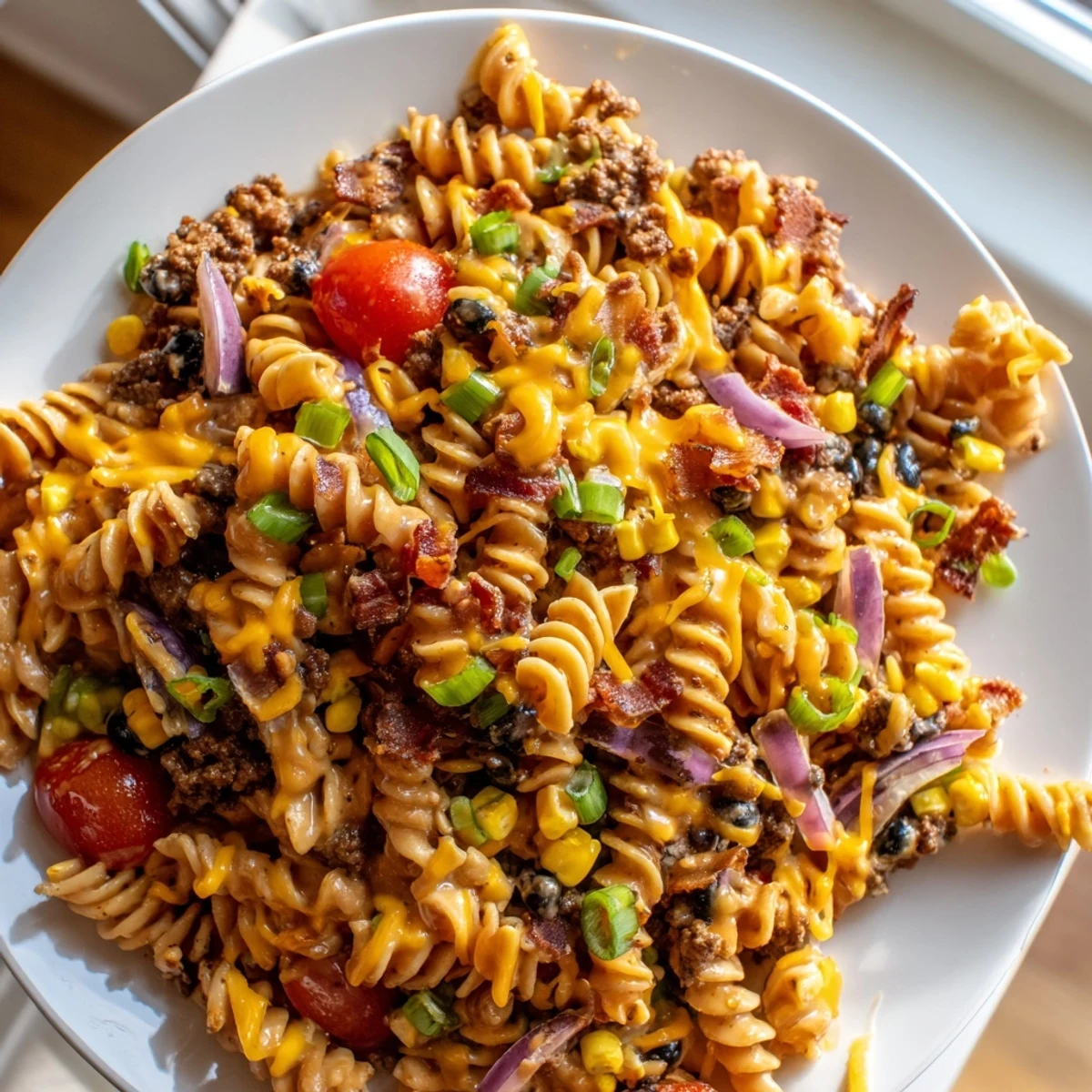 Colorful cowboy pasta salad featuring corn, tomatoes, and seasoned ground beef served chilled