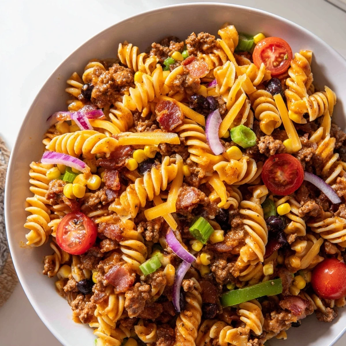 Cowboy pasta salad topped with crispy bacon and tangy BBQ ranch dressing