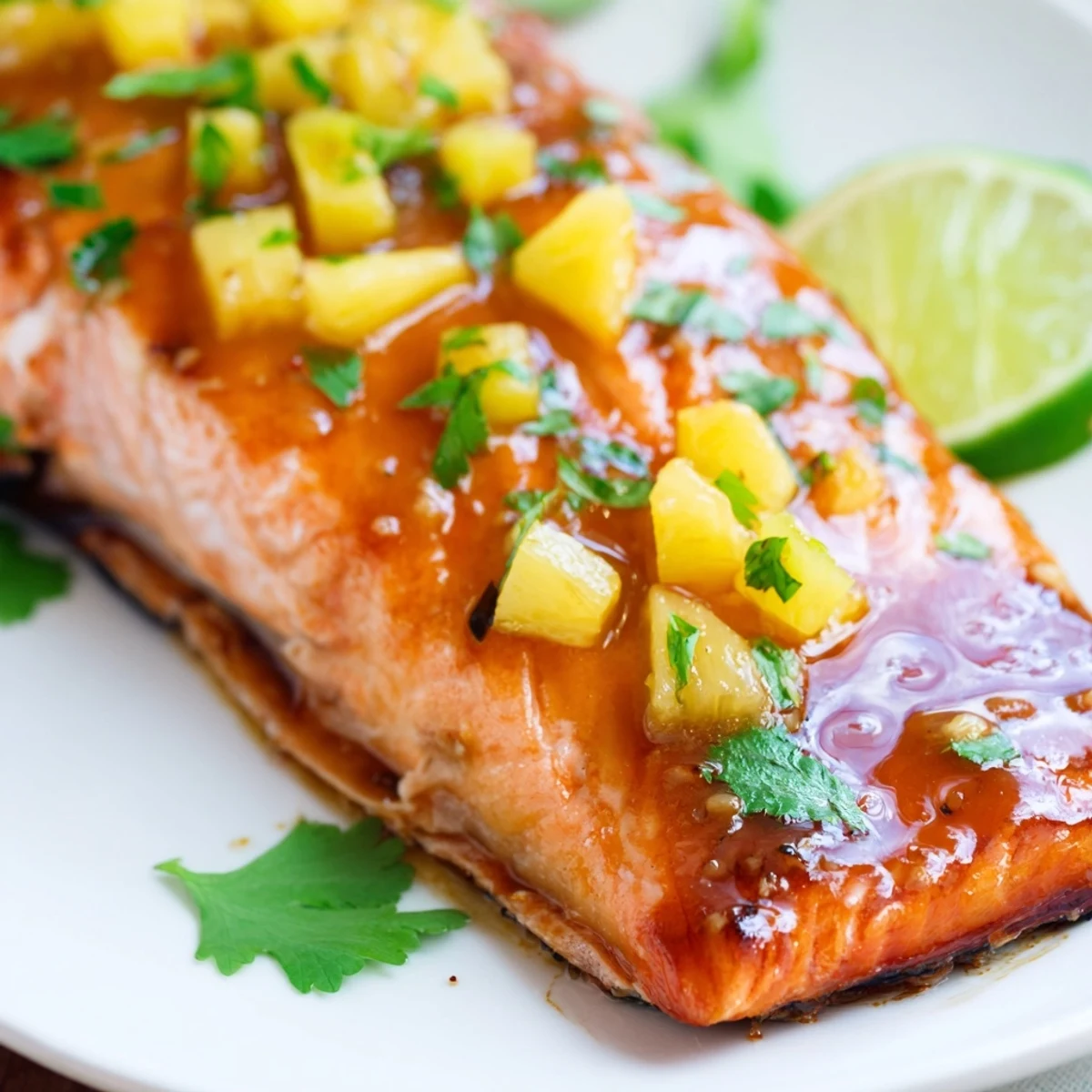 Golden honey pineapple glazed salmon fillets glistening with sticky caramelized tropical glaze on a baking sheet