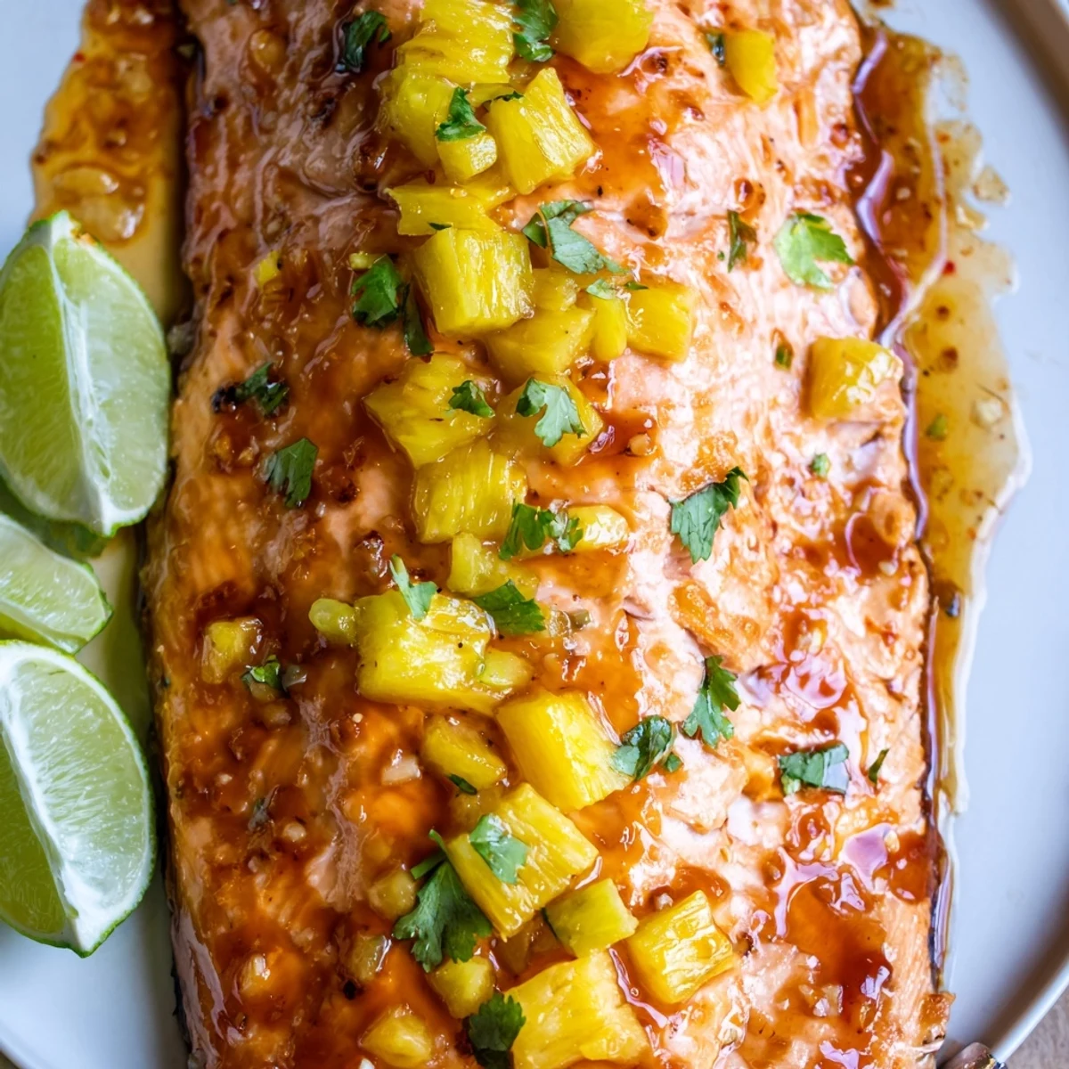 Juicy honey pineapple glazed salmon topped with fresh diced pineapple and cilantro on a white plate
