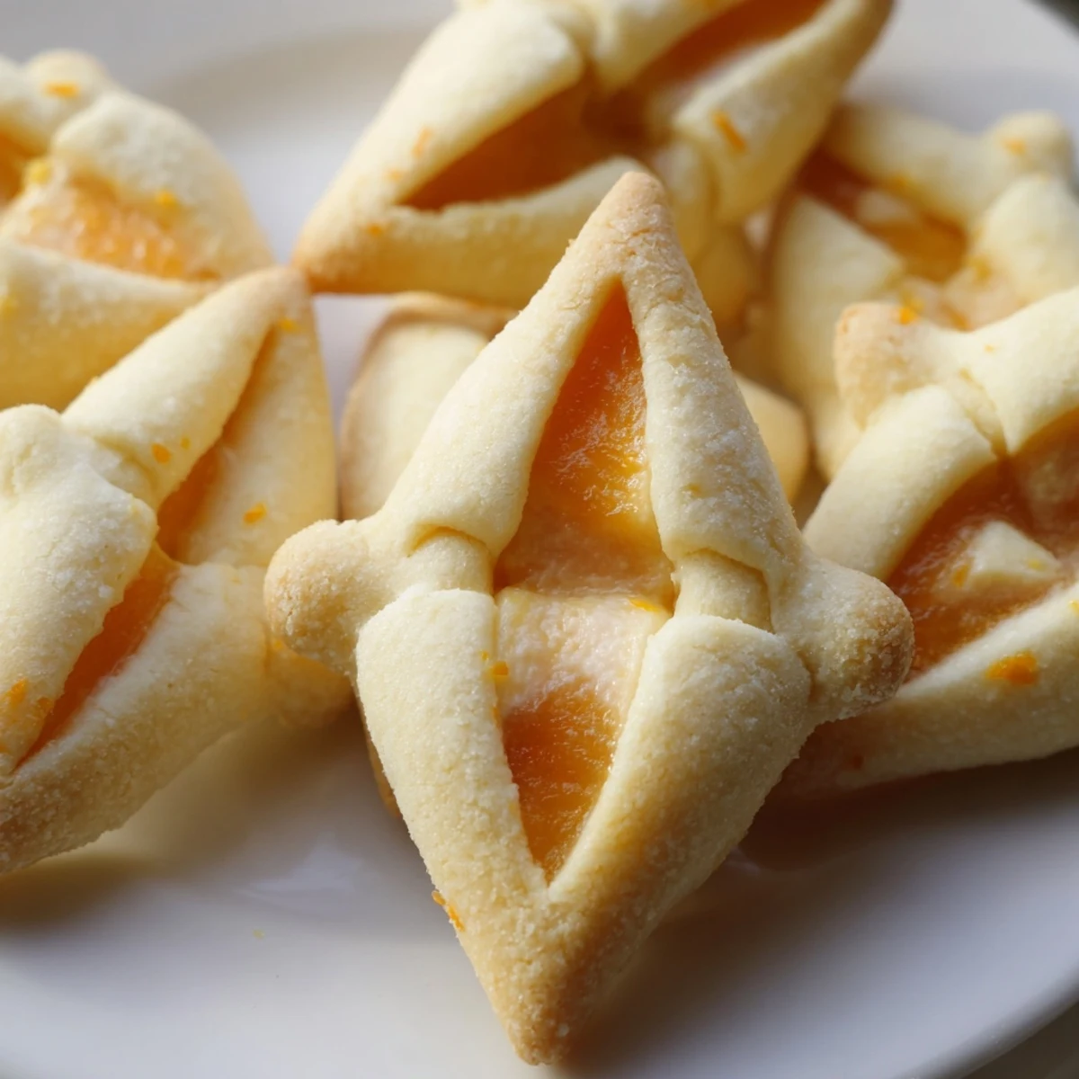 Creamsicle hamentaschen triangles dusted with powdered sugar on a rustic plate