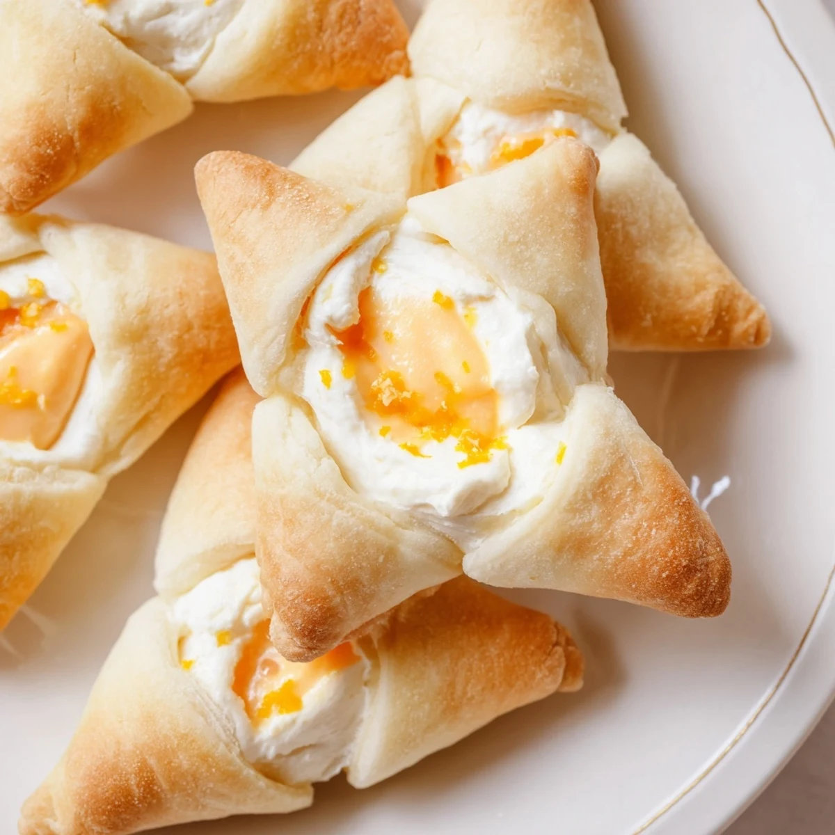 Creamy orange-vanilla filling oozes from freshly baked creamsicle hamentaschen cookies