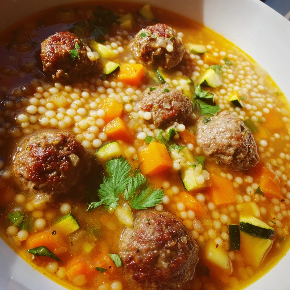 Golden spiced broth filled with tender Mini Moroccan Meatball Couscous Soup and colorful diced vegetables