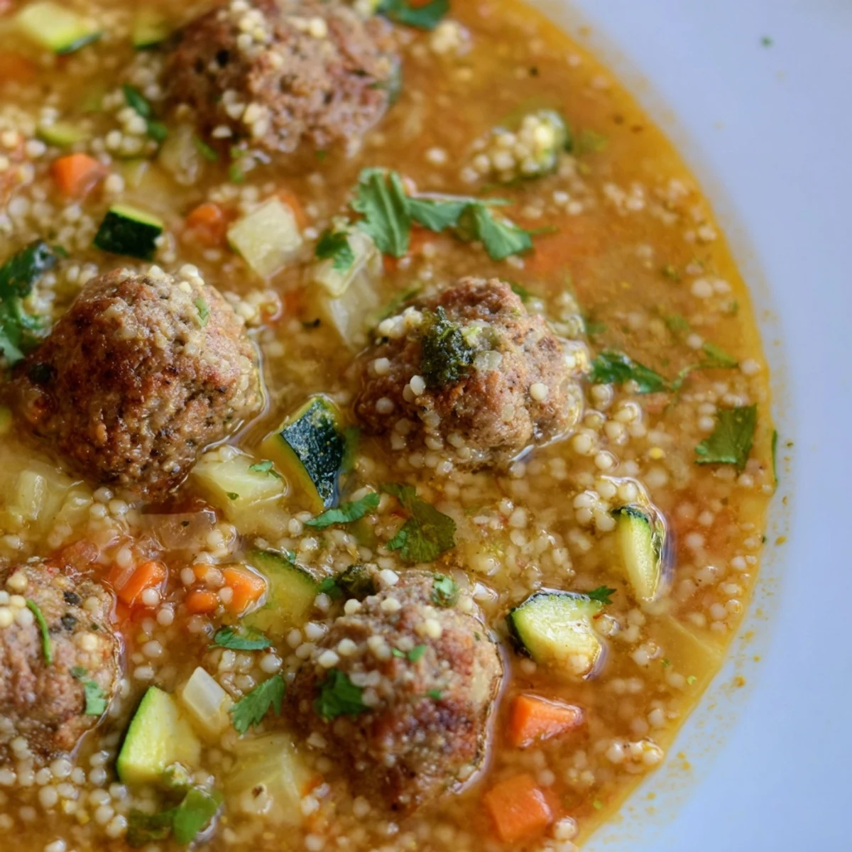 Steaming bowl of Mini Moroccan Meatball Couscous Soup topped with fresh cilantro and a lemon wedge