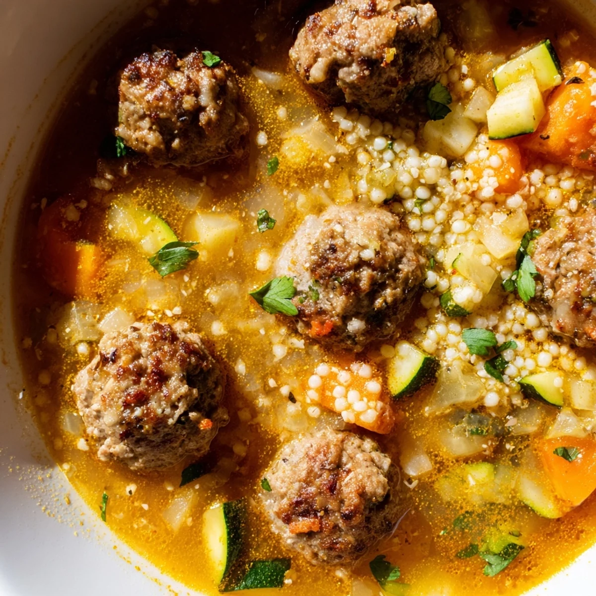 Mini Moroccan Meatball Couscous Soup ladled into a rustic bowl with fluffy couscous and herbs