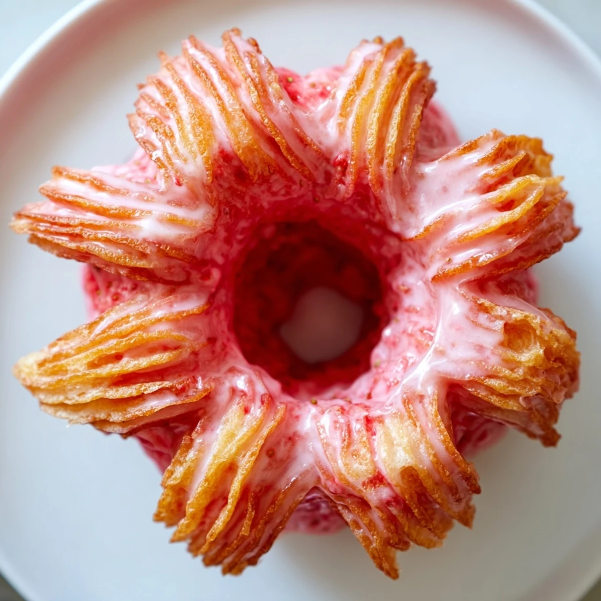 Golden Strawberry Glazed French Crullers drizzled with glossy pink icing on a wire rack
