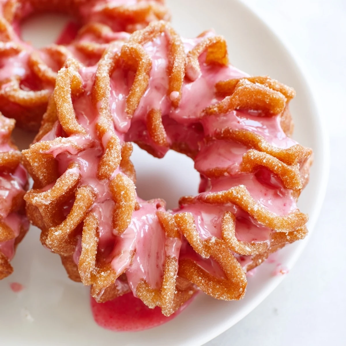 Fluffy deep-fried Strawberry Glazed French Crullers coated in sweet strawberry icing for dessert