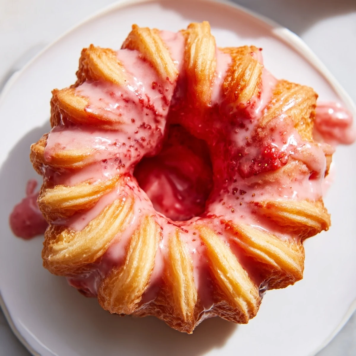 Crispy piped Strawberry Glazed French Crullers topped with shimmering berry glaze, ready to serve