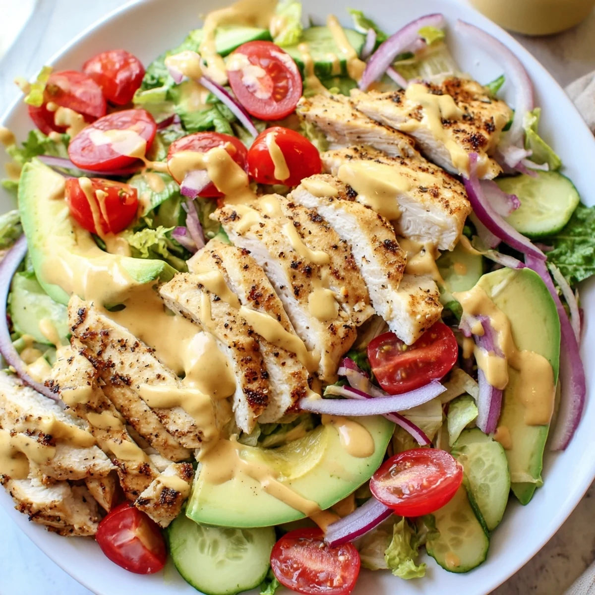 Sliced chicken breast nestled among fresh vegetables in creamy honey mustard dressing