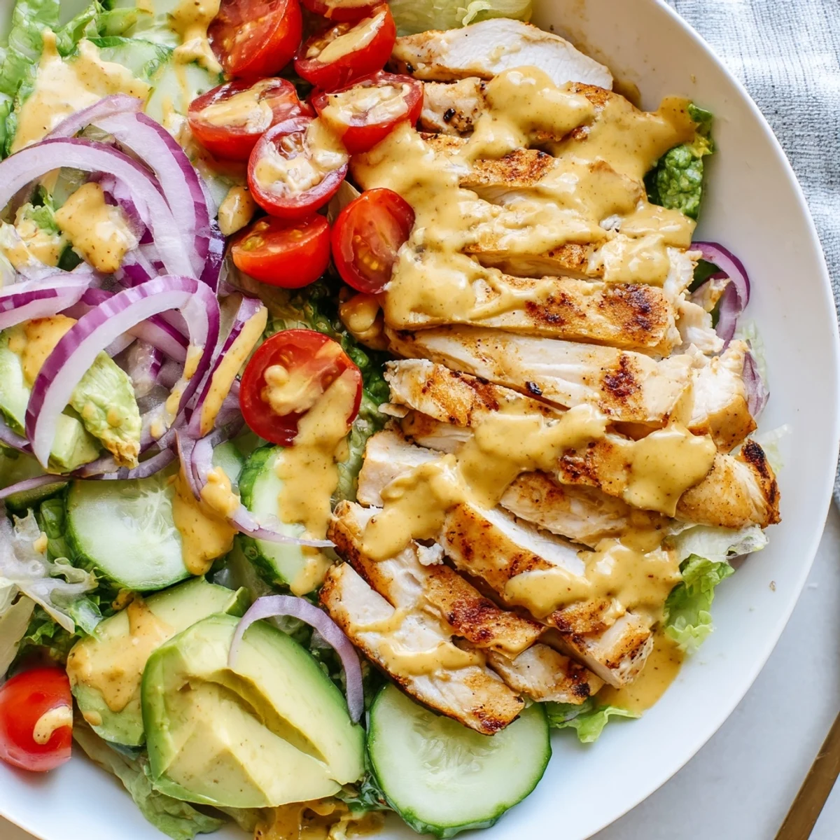 Creamy honey mustard chicken salad drizzled with golden dressing over crisp greens