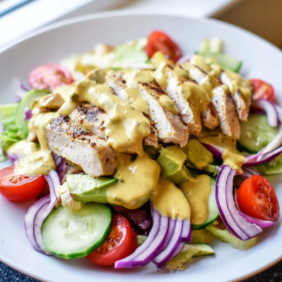 Creamy honey mustard chicken salad topped with ripe avocado and juicy tomatoes