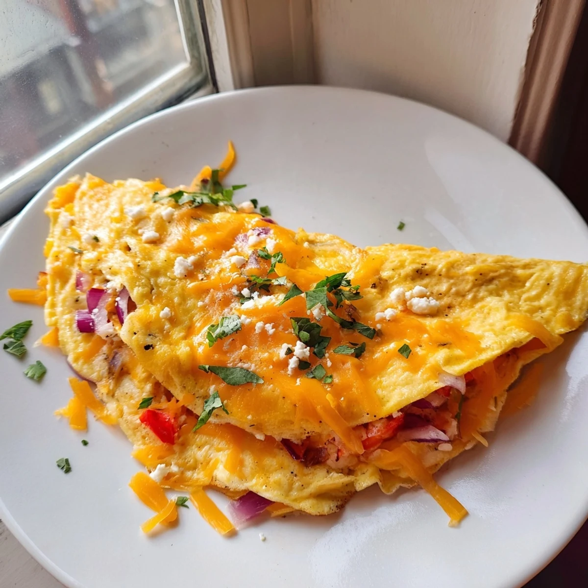 Golden Mexican omelette folded over melted cheddar, fresh cilantro, and diced vegetables.