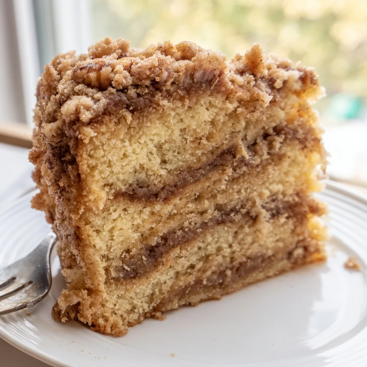 Golden cinnamon pecan crunch coffee cake sliced on a rustic wooden cutting board