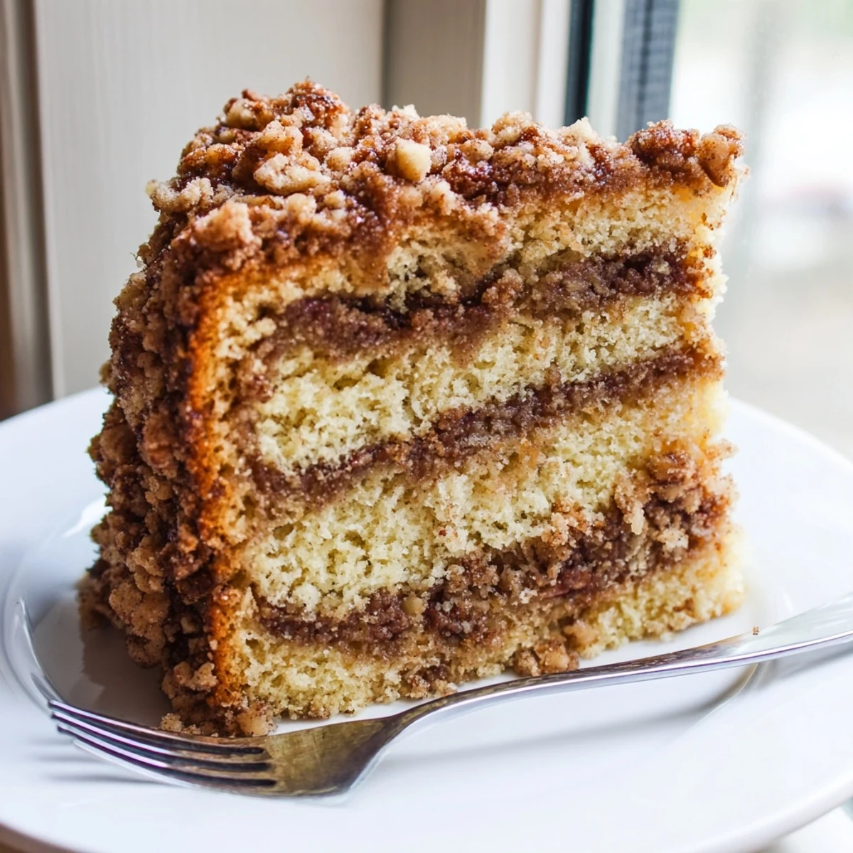 Warm cinnamon pecan crunch coffee cake topped with a caramelized nutty streusel layer