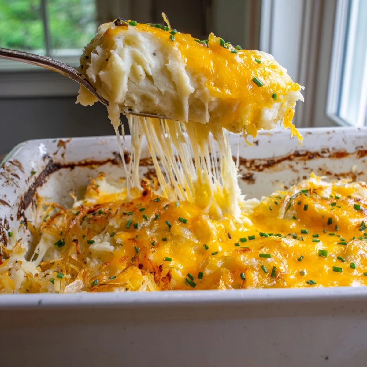 Golden bubbling Cheesy Onion Mashed Potato Casserole fresh from the oven with melted cheddar on top