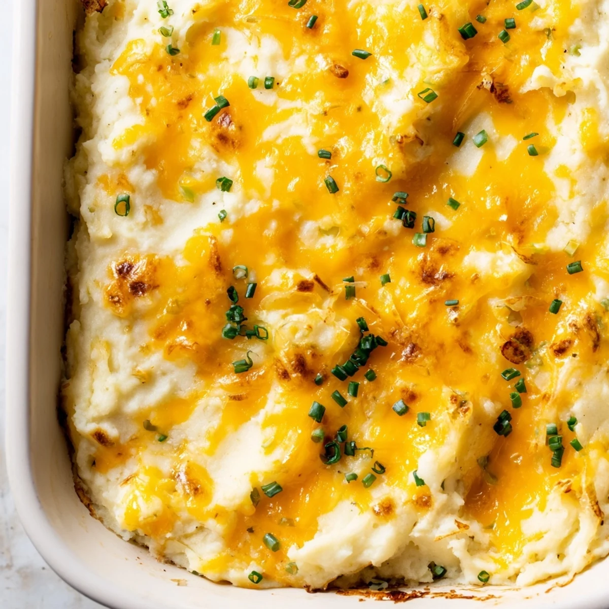 Creamy Cheesy Onion Mashed Potato Casserole topped with caramelized onions and gooey mozzarella in a baking dish