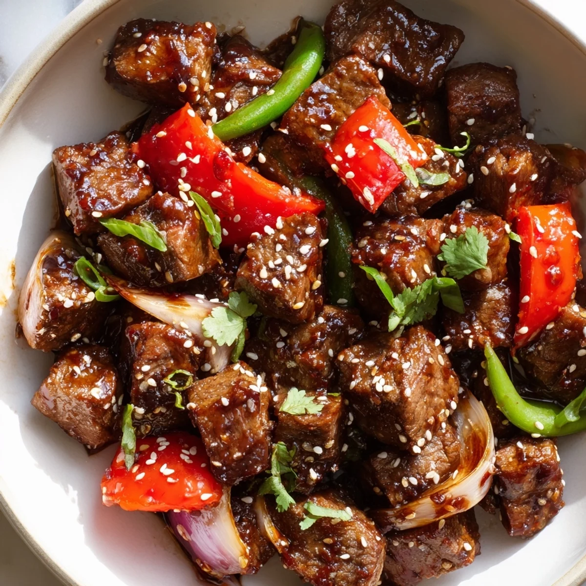 Tender Asian inspired cube steak sizzling in a hot wok with sesame glaze