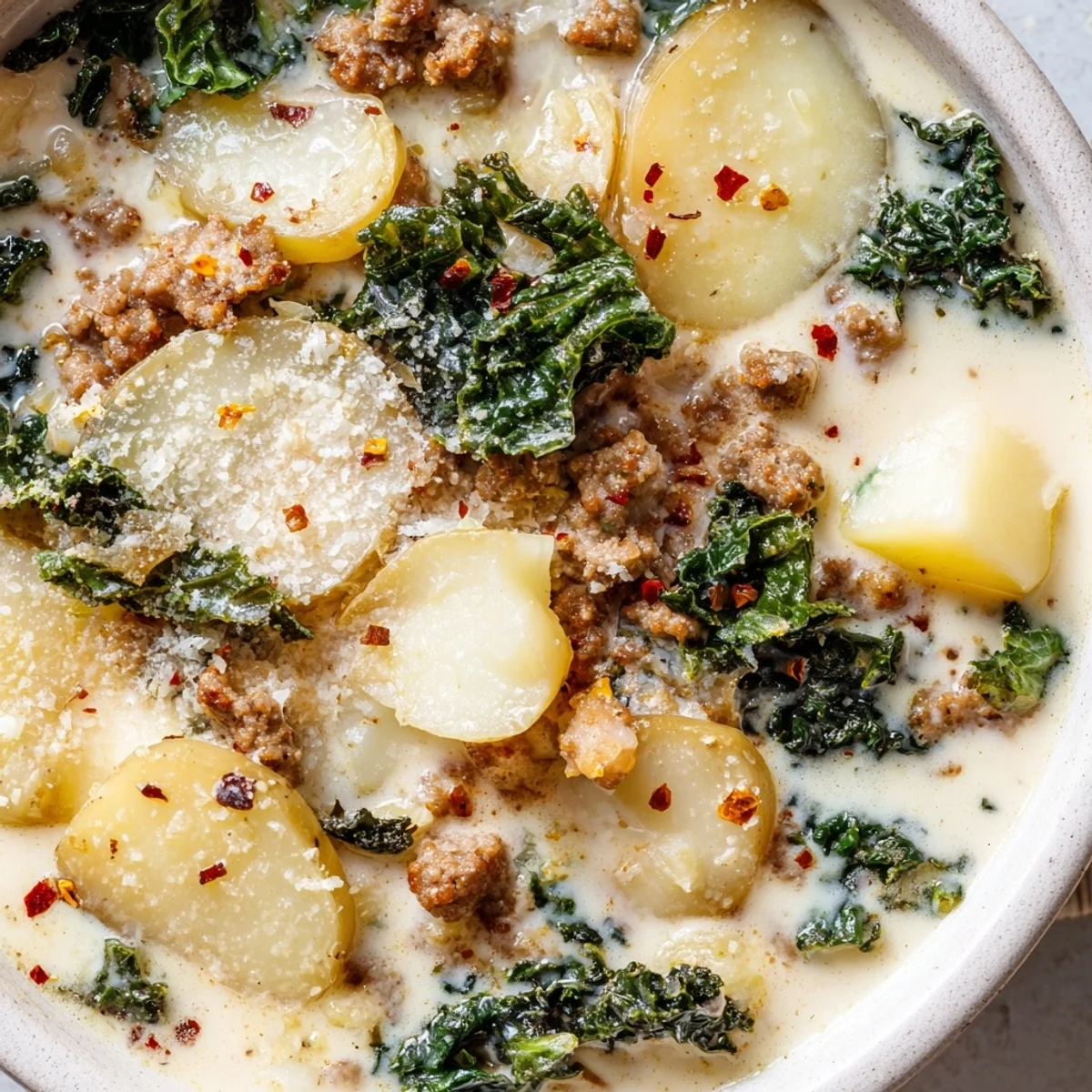 Creamy Zuppa Toscana Soup loaded with sausage, kale, and tender potato slices