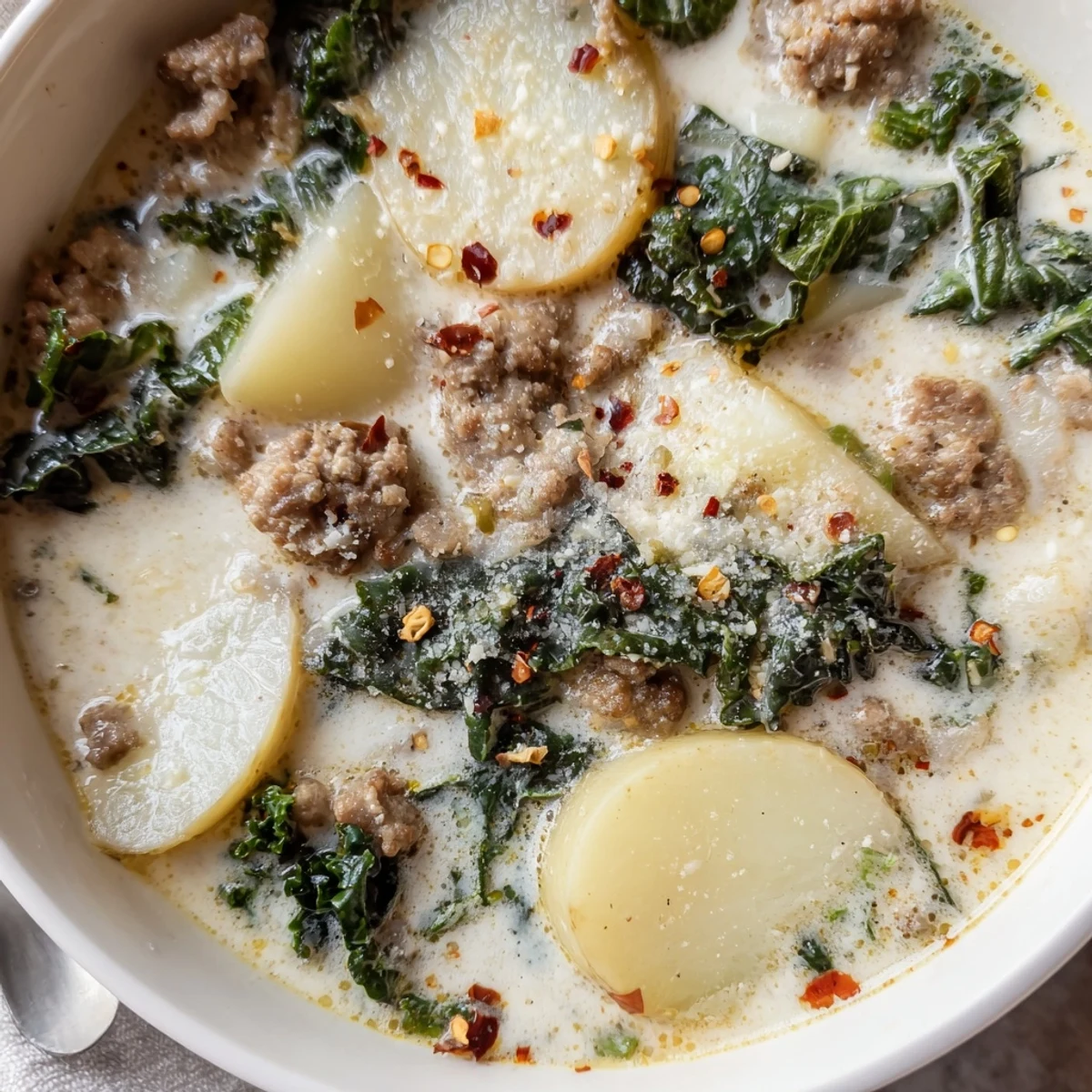 Steaming bowl of Zuppa Toscana Soup topped with grated Parmesan and fresh kale