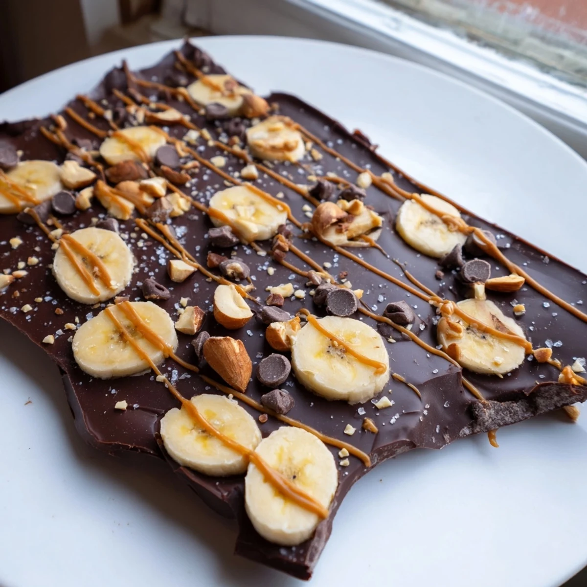 Crunchy chocolate banana bark topped with roasted nuts and flaky sea salt