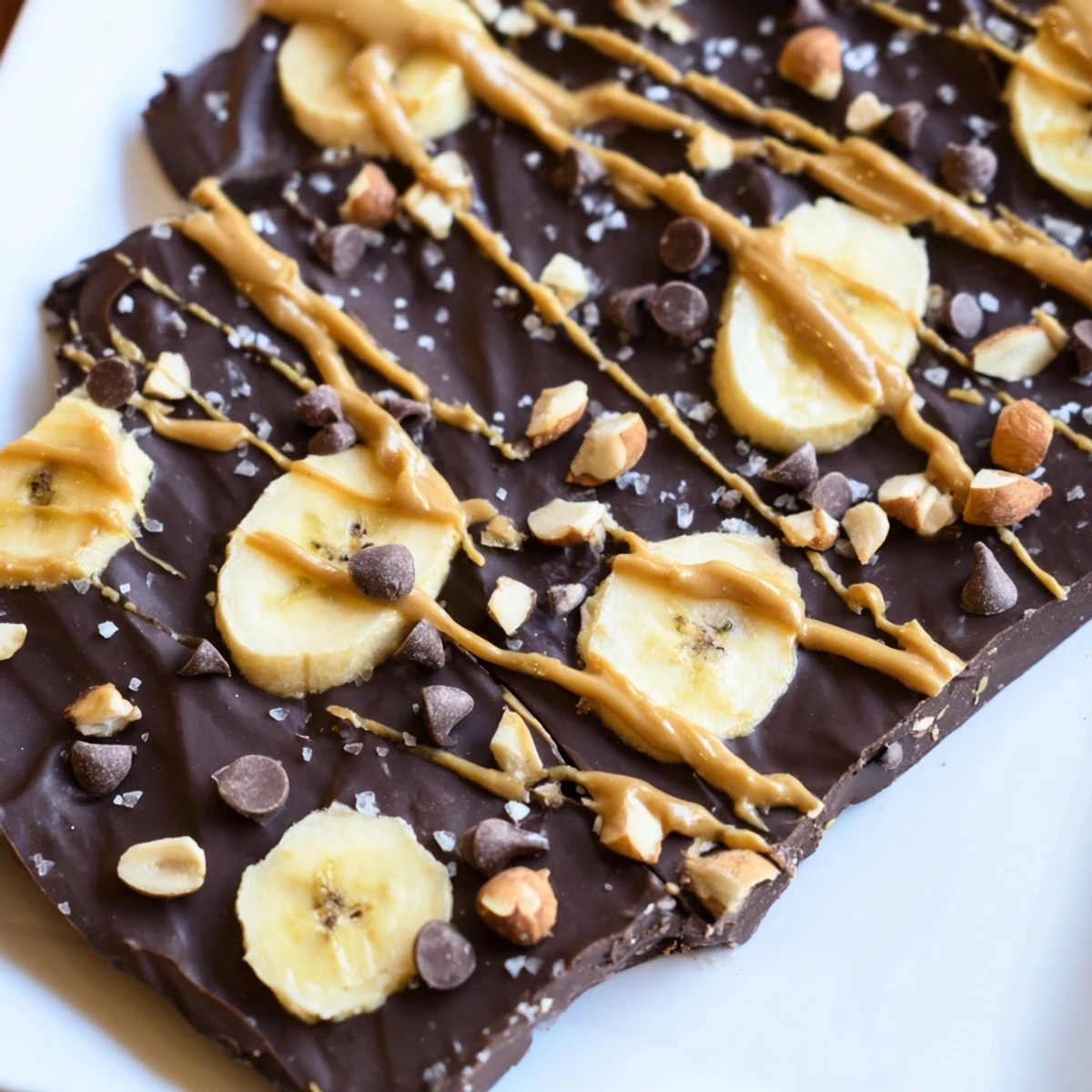 Dark chocolate banana bark drizzled with peanut butter and sprinkled with crushed almonds