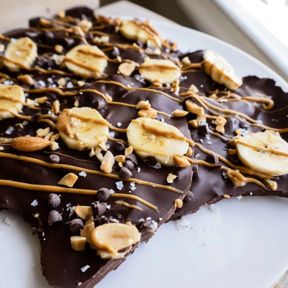 Glossy chocolate banana bark studded with mini chips ready to snap into pieces