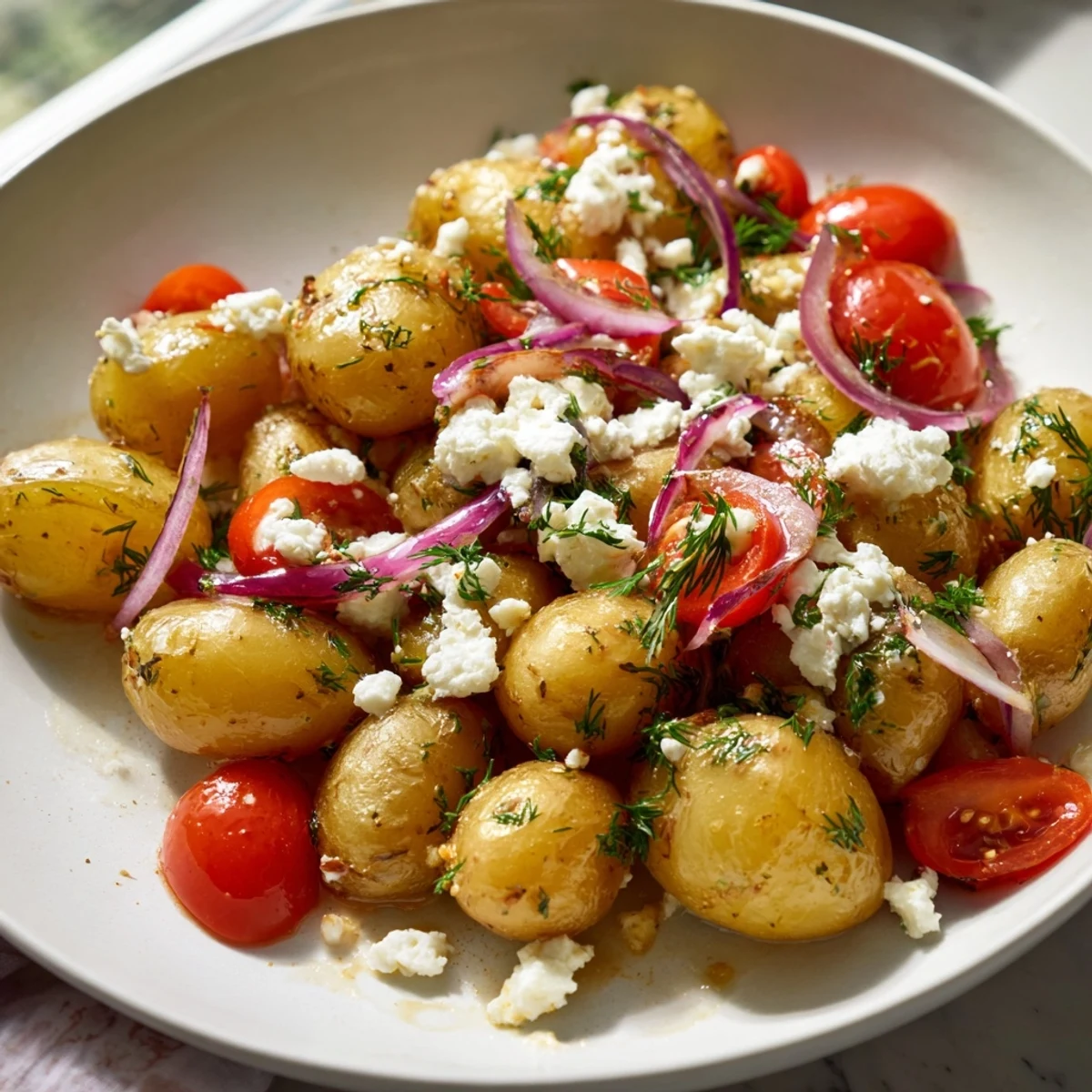 Creamy potato and feta salad topped with cherry tomatoes and fresh herbs