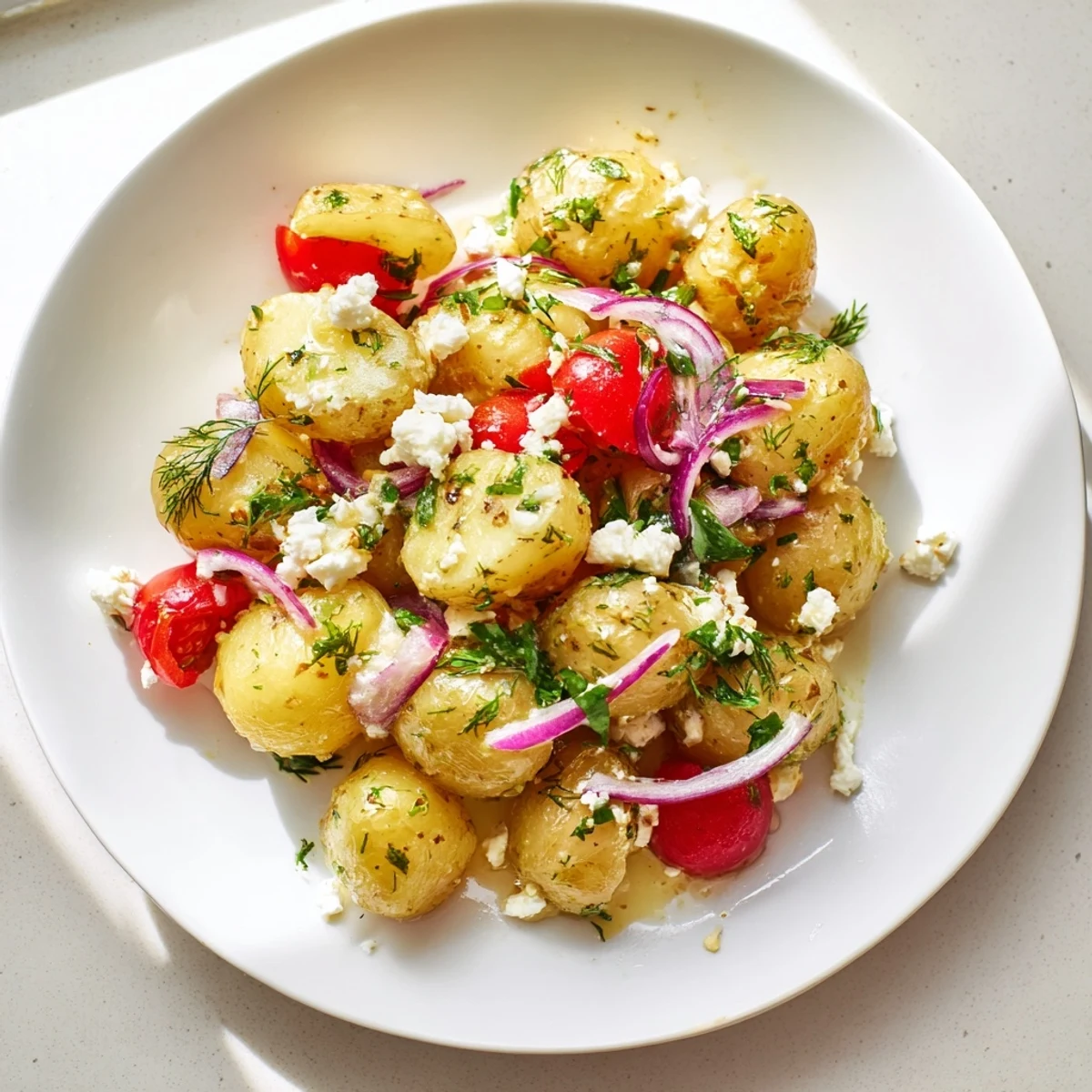 Golden potato and feta salad drizzled with olive oil and bright lemon juice