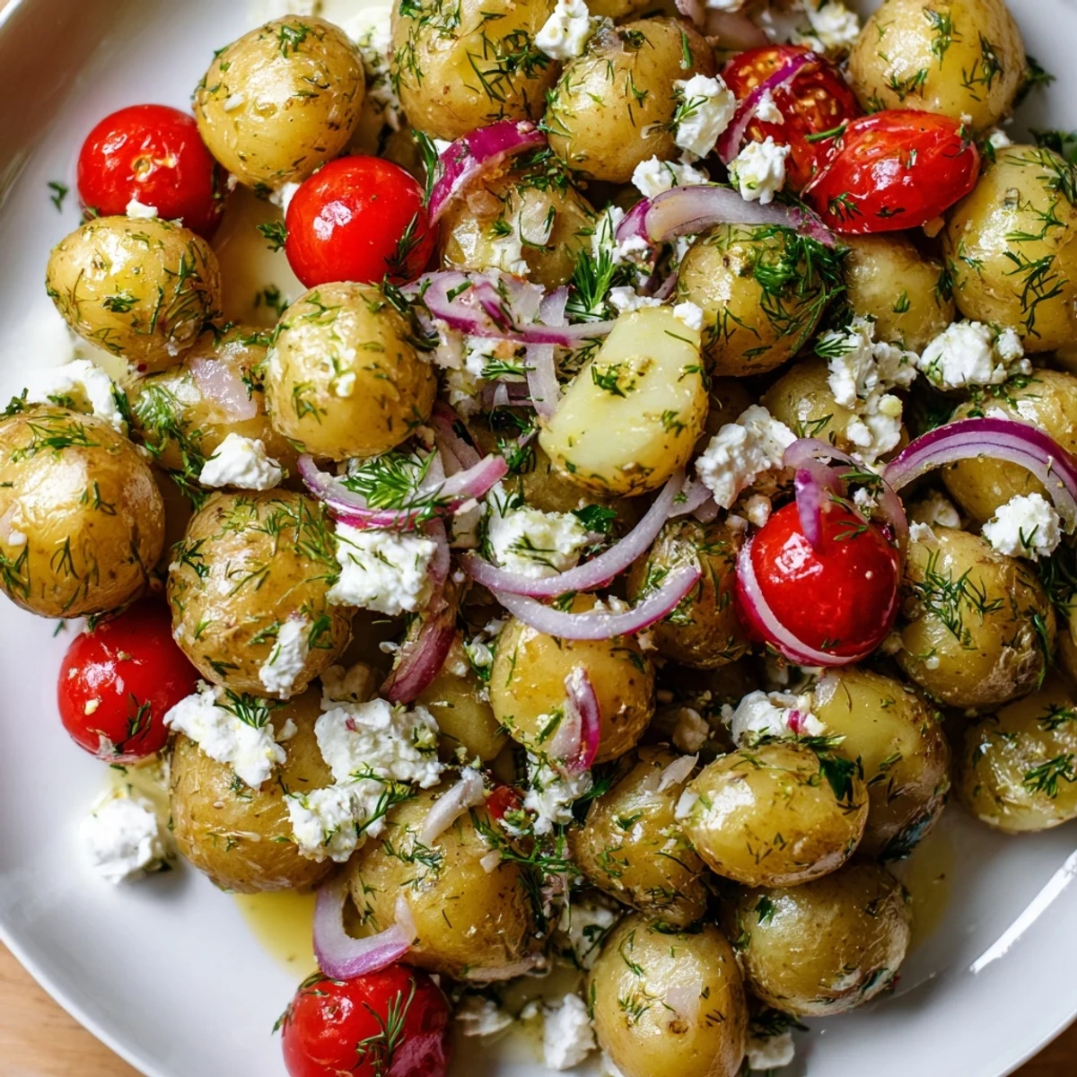 Warm potato and feta salad with crumbled cheese, red onion, and dill