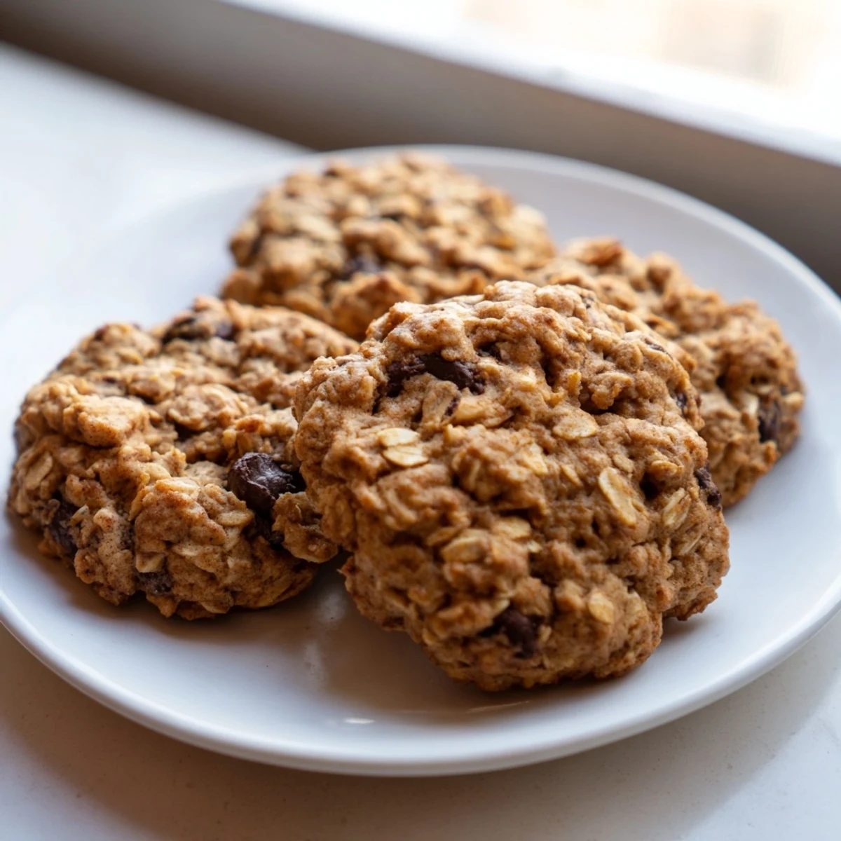 Thick chewy banana oatmeal cookies arranged on parchment ready for snacking
