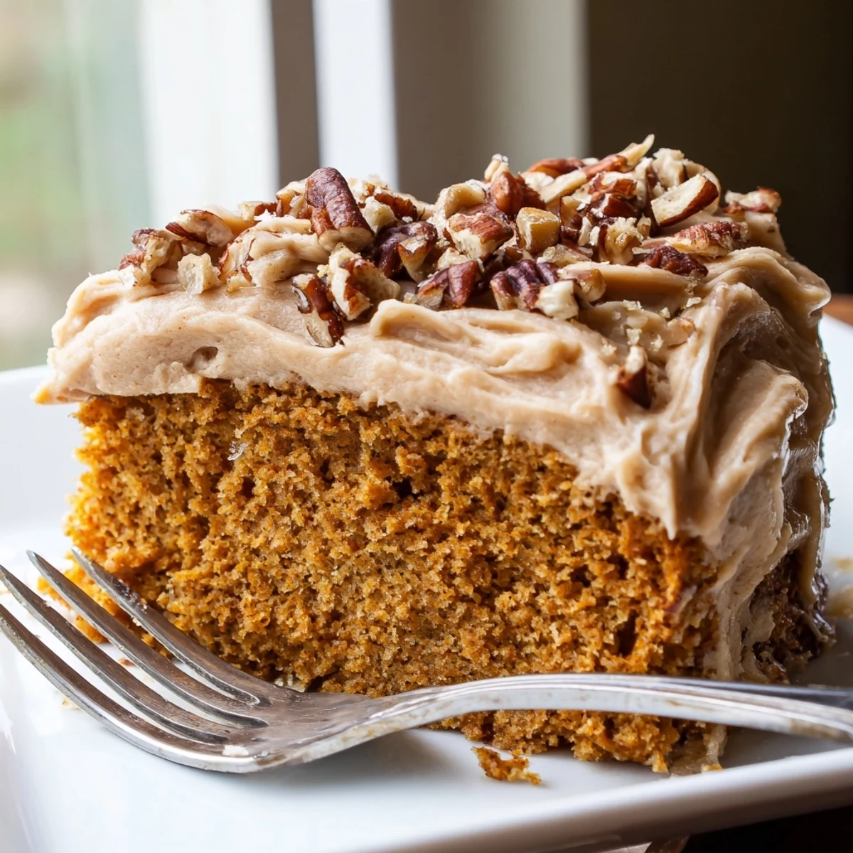 A warm slice of pumpkin pecan cake with thick cinnamon cream cheese icing on a rustic plate