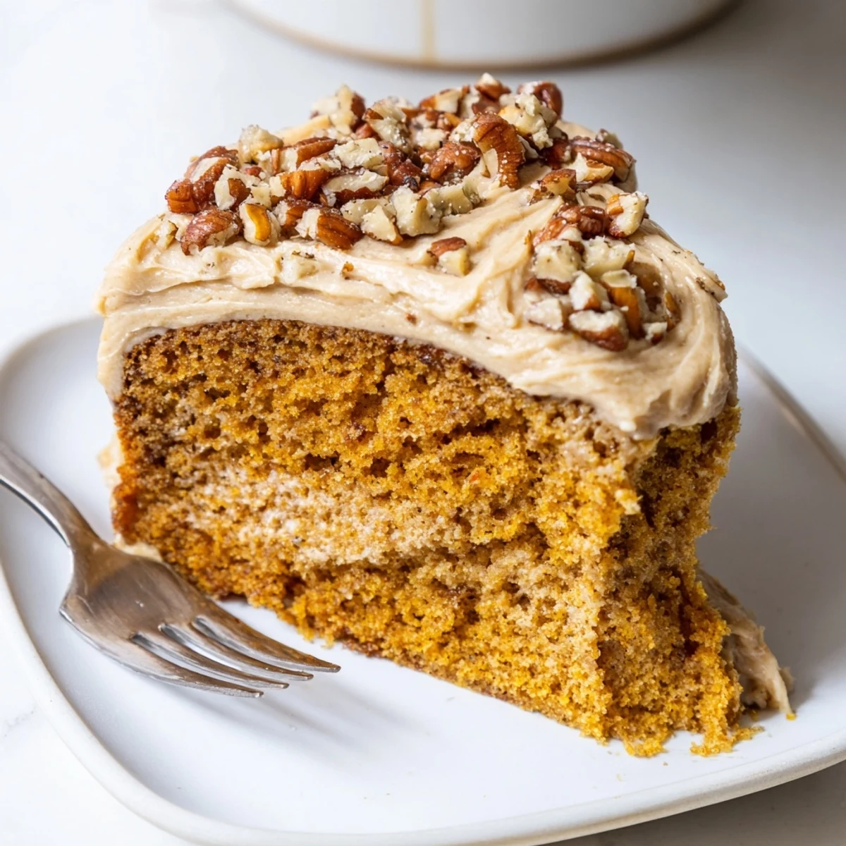 Moist pumpkin pecan cake topped with swirled cinnamon cream cheese frosting and scattered toasted pecans