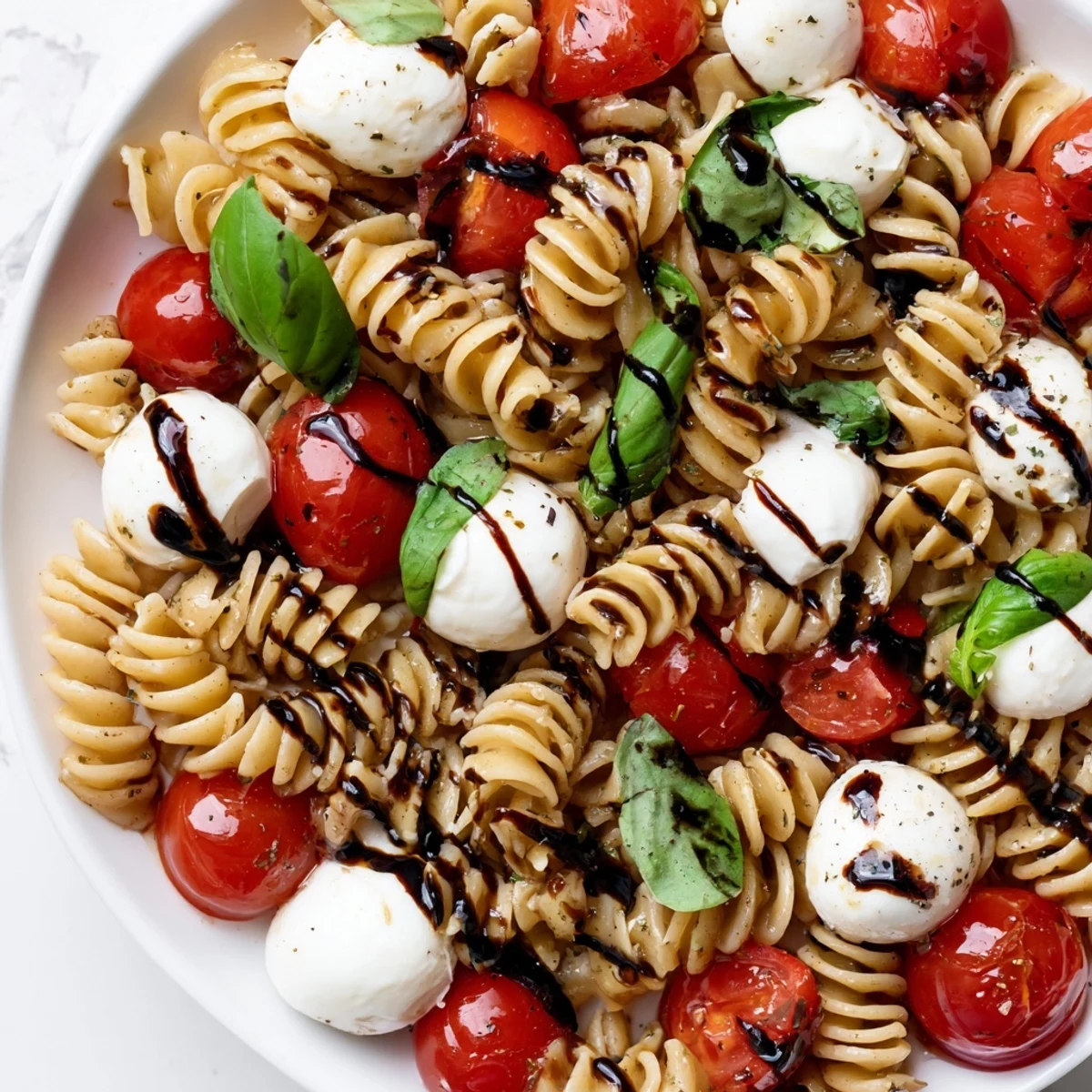 Basil-topped Caprese Pasta Salad nestled in a rustic white serving bowl