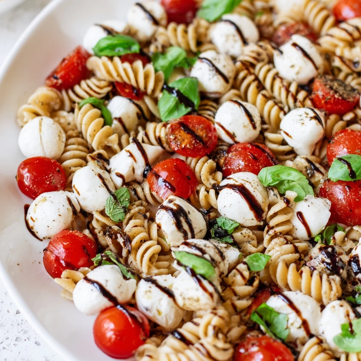 Steaming Caprese Pasta Salad drizzled with dark balsamic glaze on a wooden board