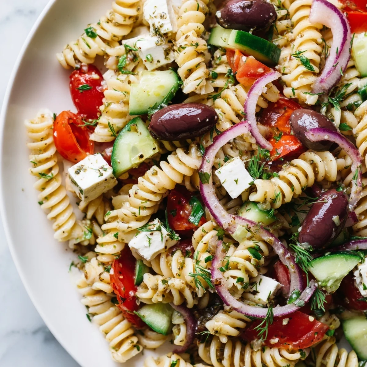 Colorful Greek Pasta Salad loaded with crisp veggies, tangy feta, and briny olives