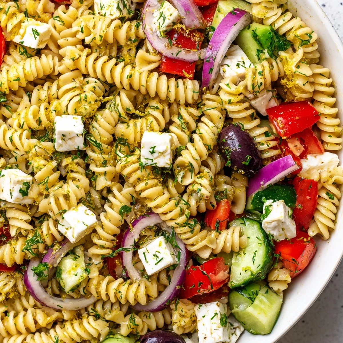 A bright bowl of Greek Pasta Salad tossed in zesty lemon herb dressing
