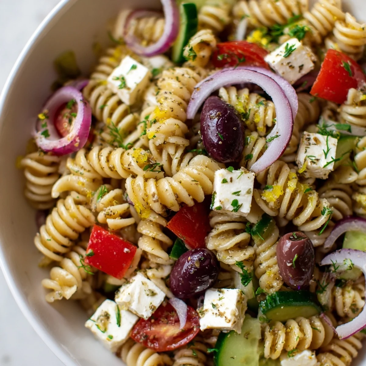 Creamy feta crowns this chilled Greek Pasta Salad with juicy tomatoes and cucumbers