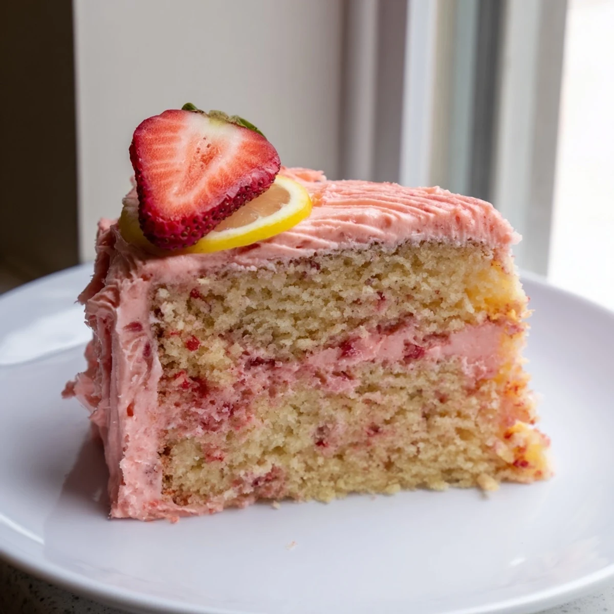 Frosted strawberry lemonade cake topped with fresh berries and lemon slices on a cake stand