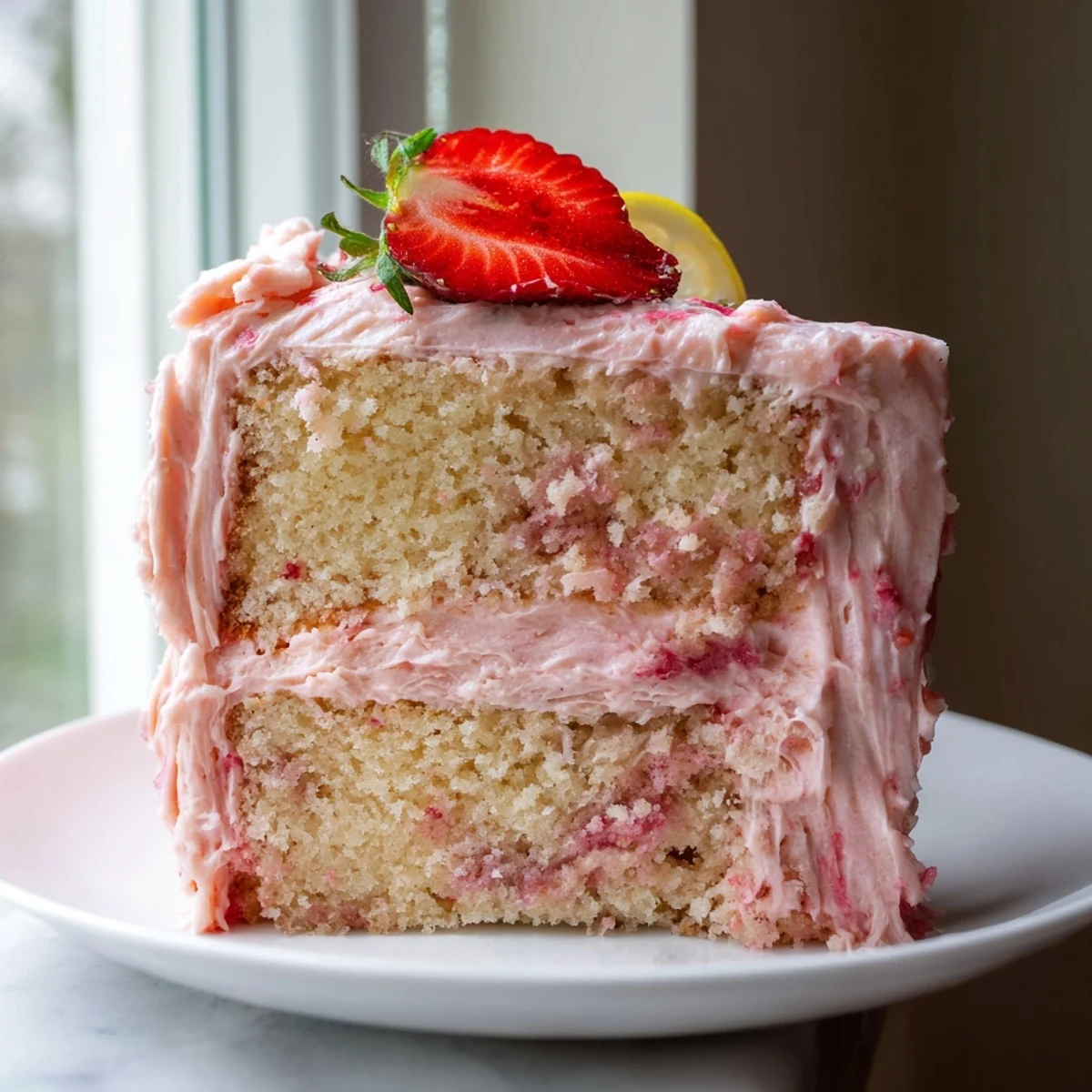 A tall slice of pink strawberry lemonade cake with creamy frosting on a dessert plate