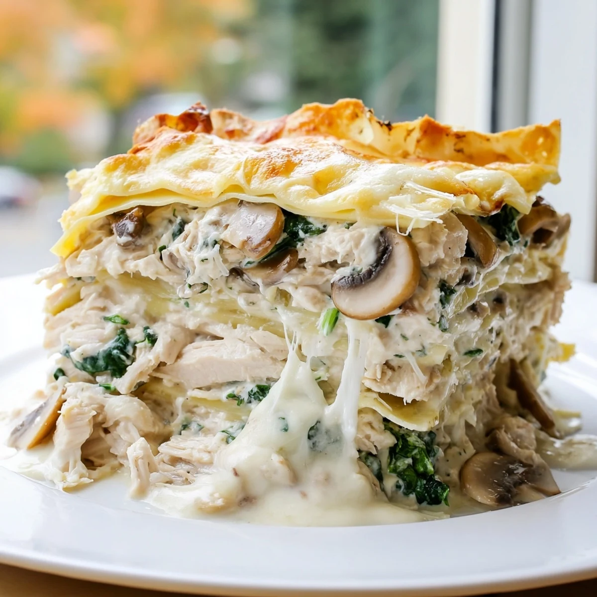 Golden baked white chicken lasagna layered with spinach and melted mozzarella cheese