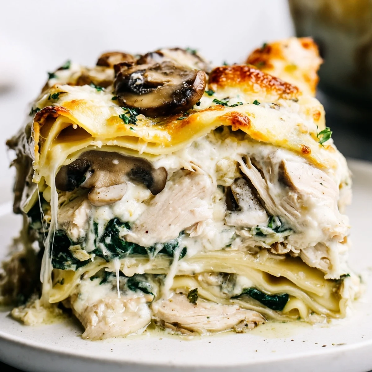 Creamy white chicken lasagna with bubbly golden cheese in a rustic baking dish