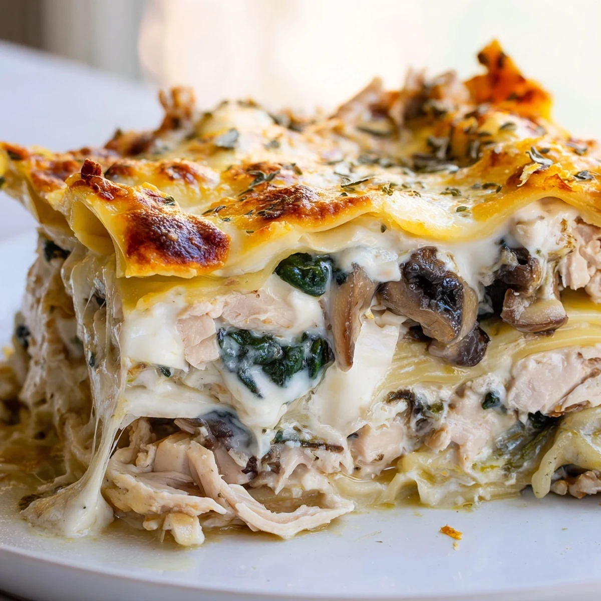 Steaming slice of white chicken lasagna with creamy sauce and gooey cheese layers