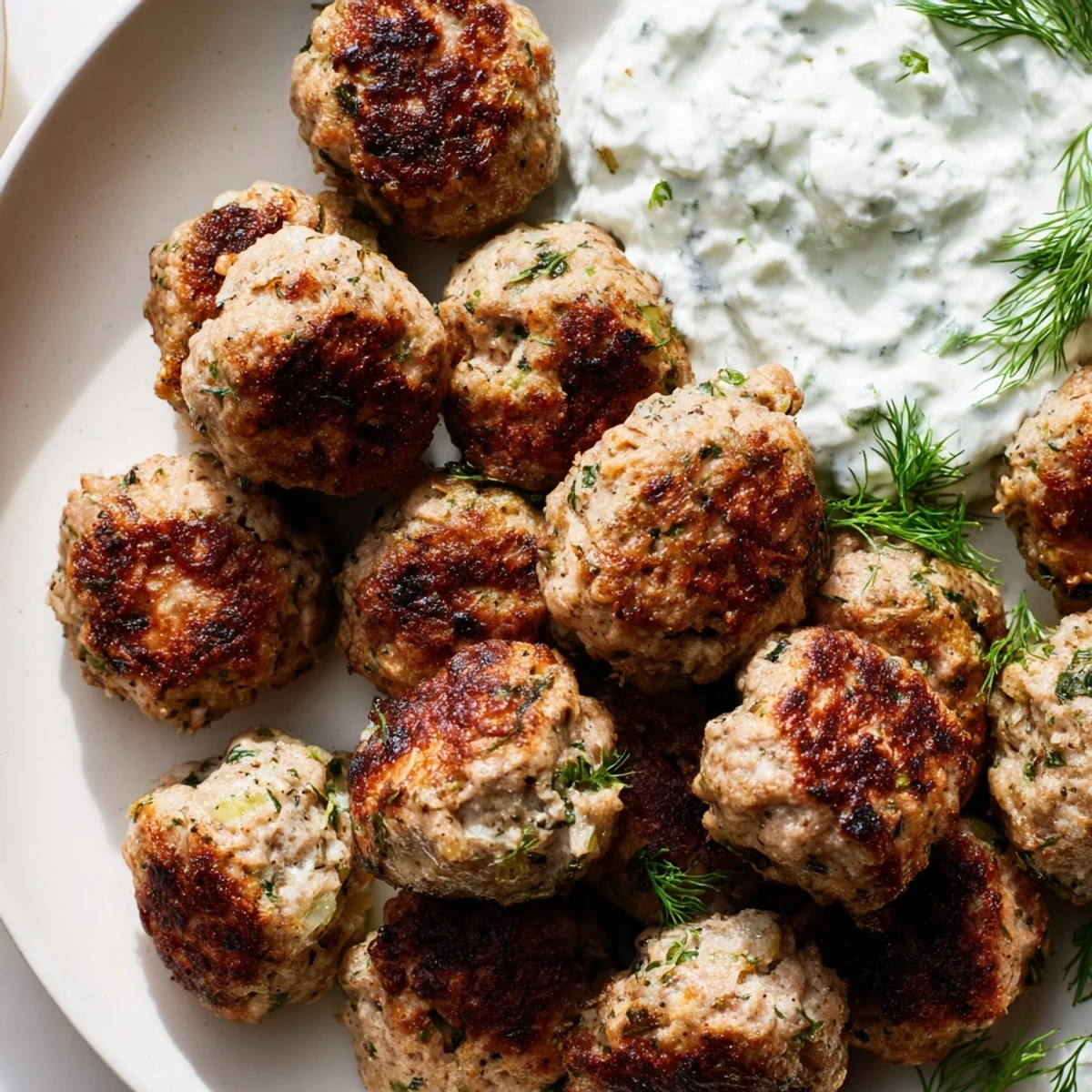 Golden Greek turkey meatballs with herbed seasoning served alongside cool, creamy tzatziki sauce.
