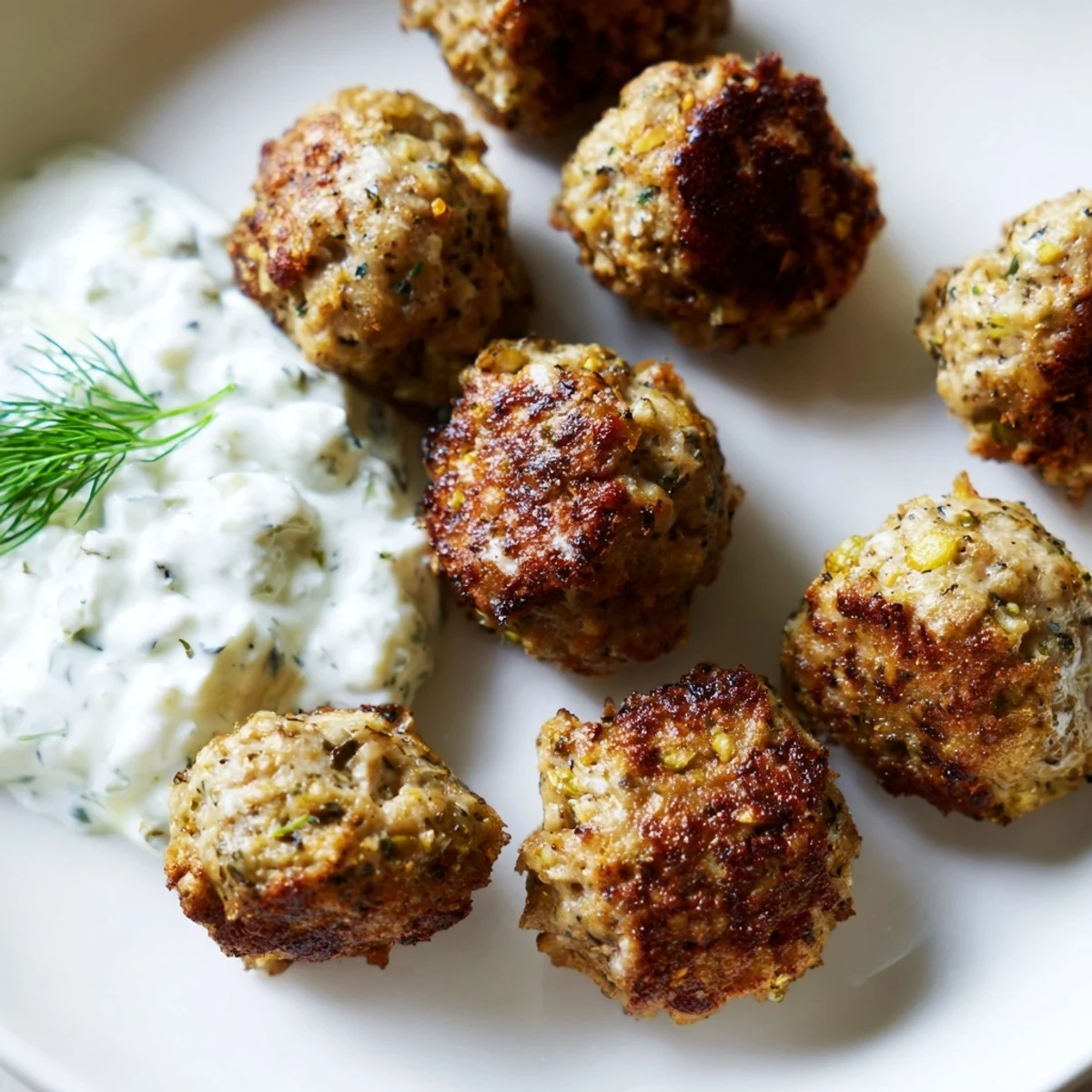 Juicy Greek turkey meatballs nestled on a platter with a vibrant cucumber dill tzatziki dip.