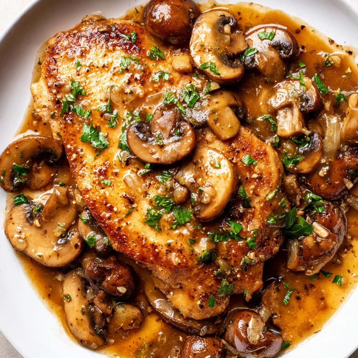 Golden seared Dairy Free One Pan Chicken Marsala topped with savory mushroom wine sauce and fresh parsley