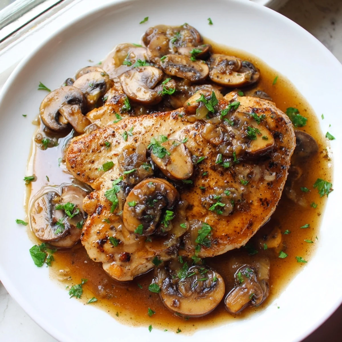Tender pan-fried chicken breasts smothered in rich Marsala mushroom gravy in a single skillet
