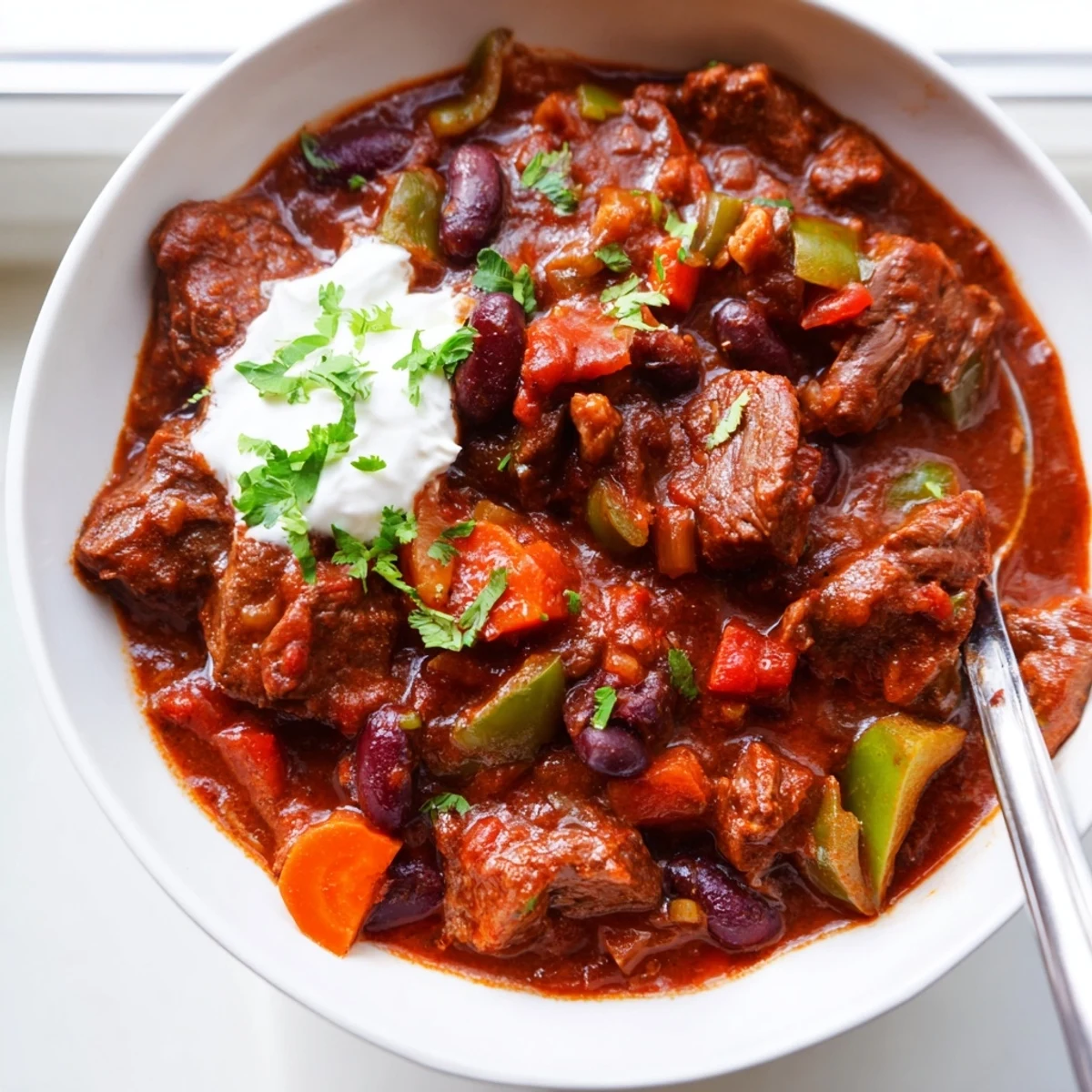 Steaming bowl of beefy chili stew topped with fresh cilantro and melted cheddar cheese