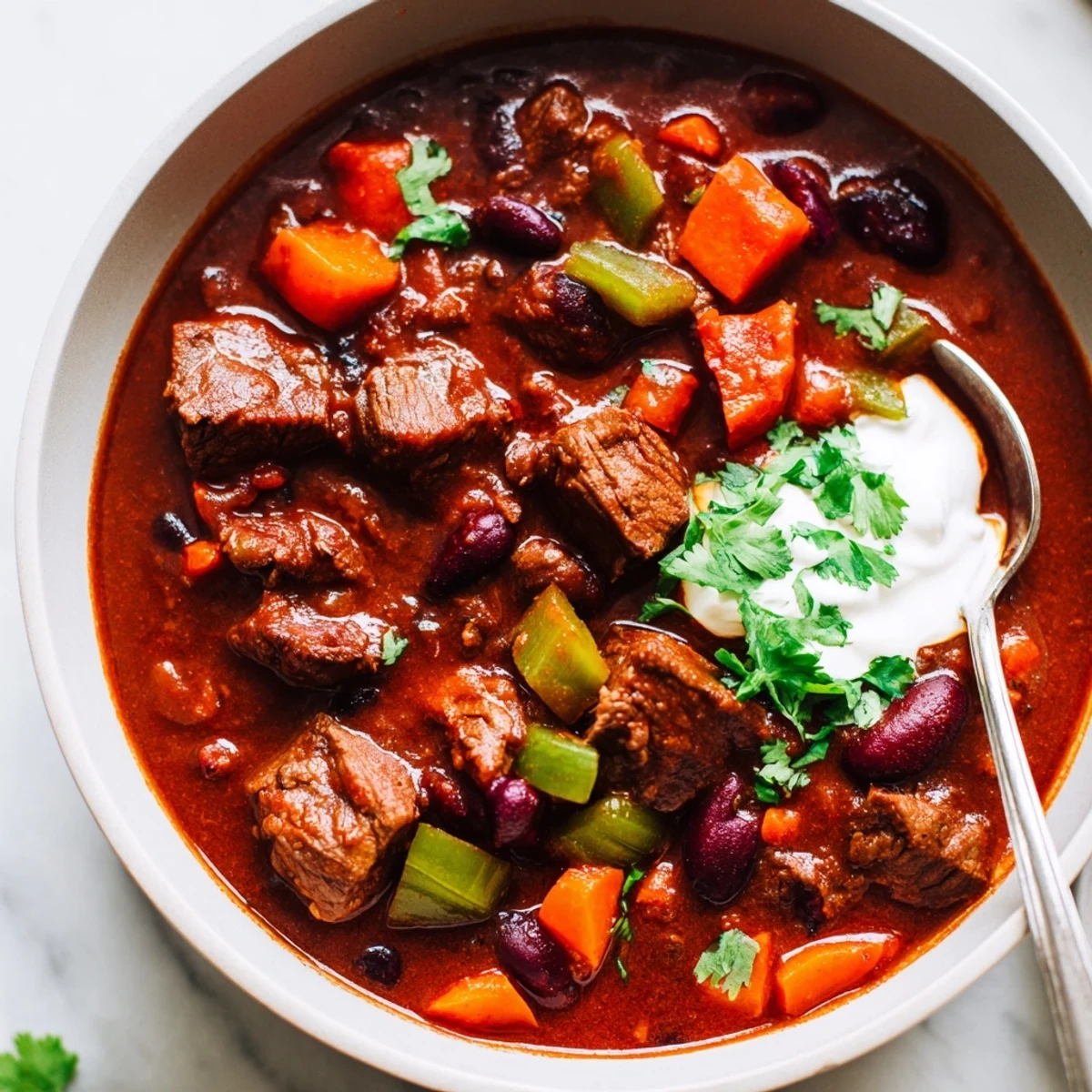 Thick beefy chili stew loaded with tender meat, kidney beans, and diced vegetables