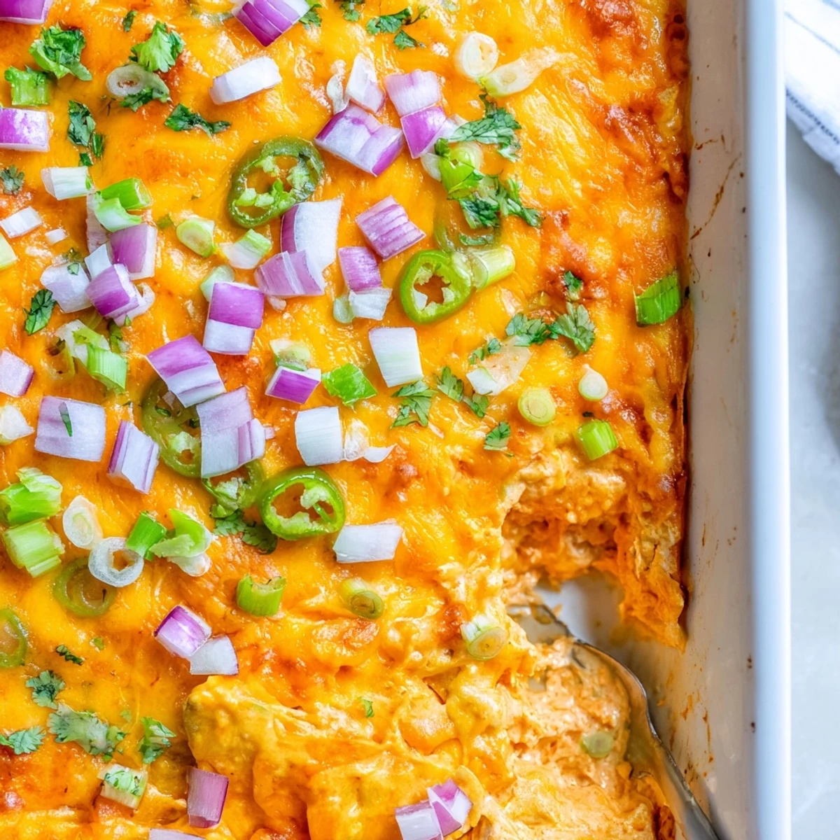 Creamy jalapeno buffalo chicken casserole topped with melted golden cheddar and mozzarella